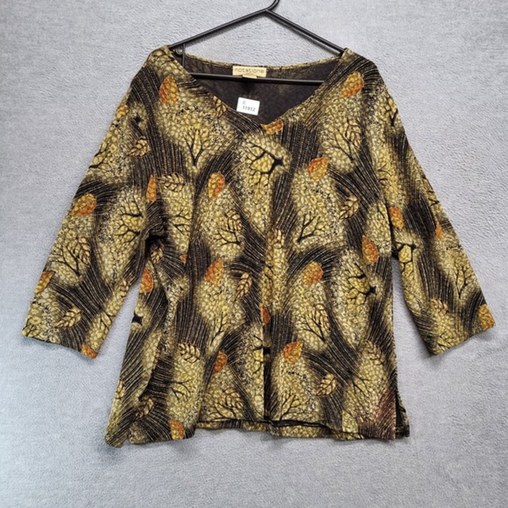 Notations Women Top 1X Yellow Autumn Tree Fall Leaves 3/4 Sleeve V Neck‎